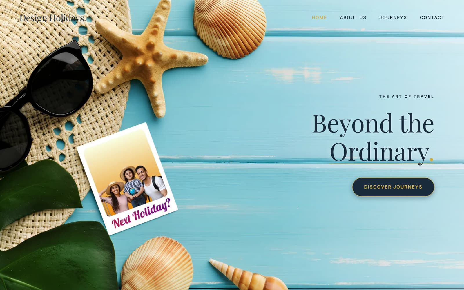 The Design Holidays home page as shipped: "Beyond the Ordinary" over the travel-flatlay hero.