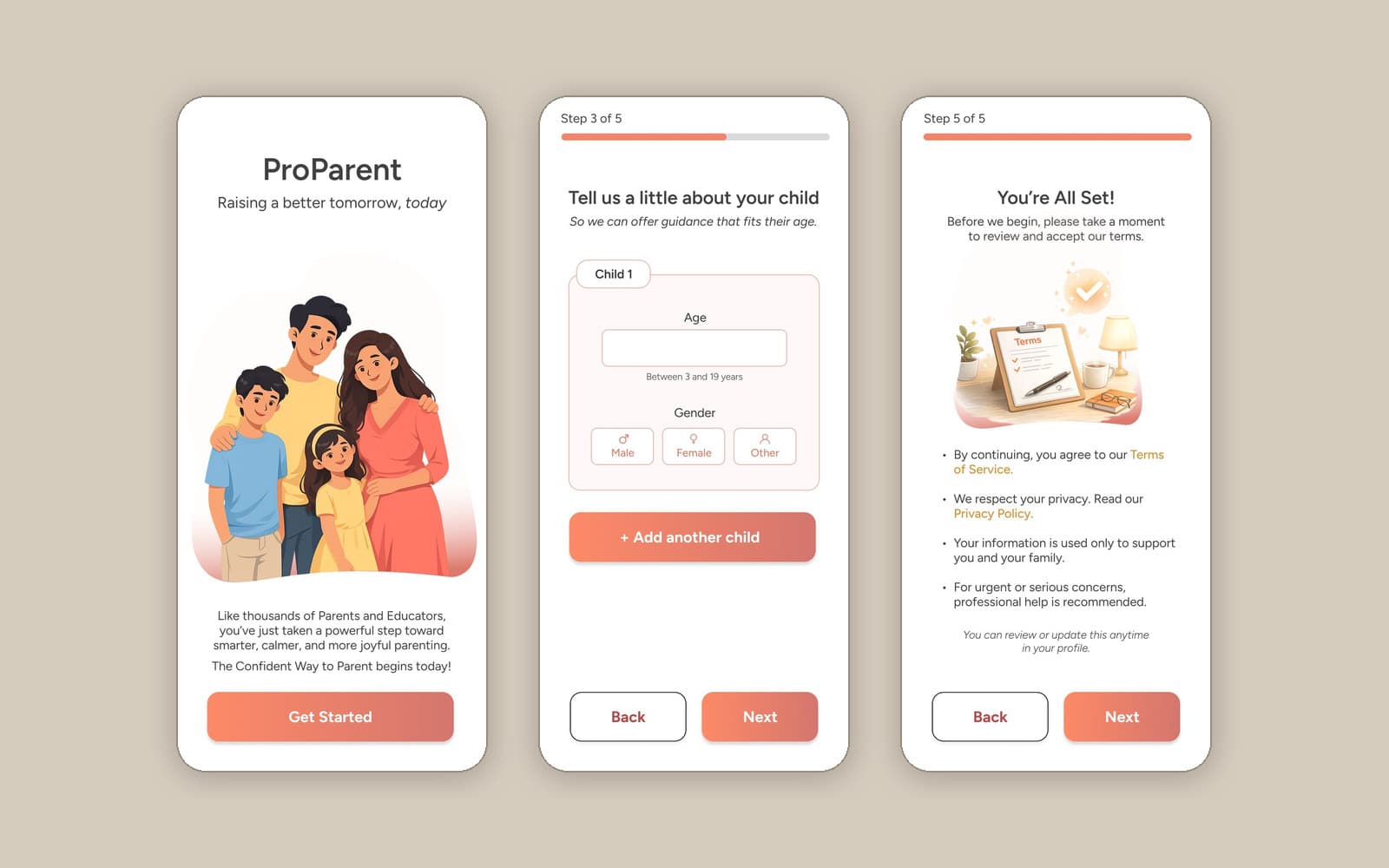 Three real ProParent onboarding screens, welcome, child details, and confirmation, shown in device frames.