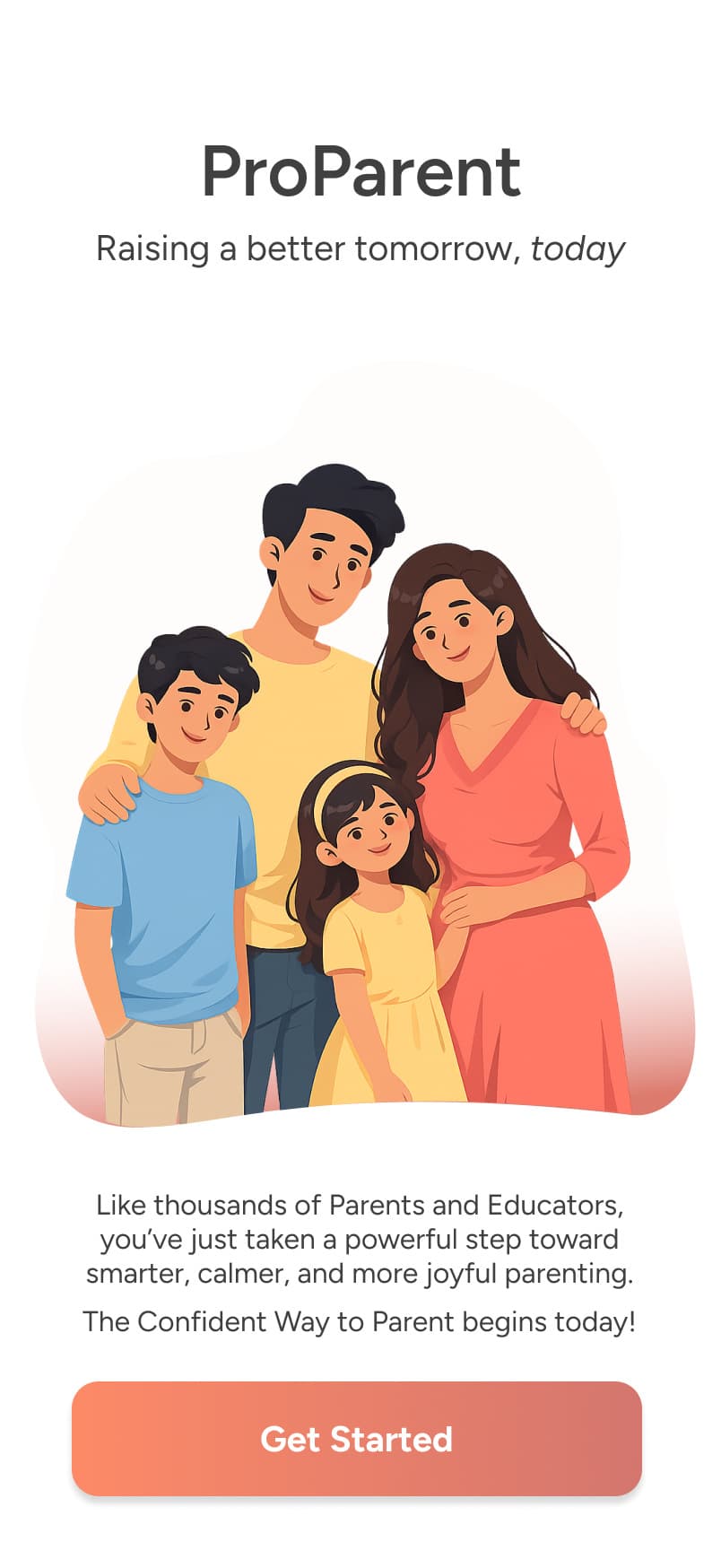 ProParent Get Started screen with the family illustration and sign-in