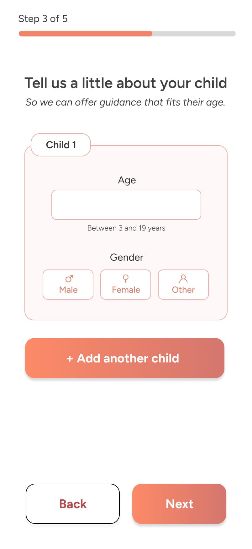 Onboarding: tell us about your child, age and gender