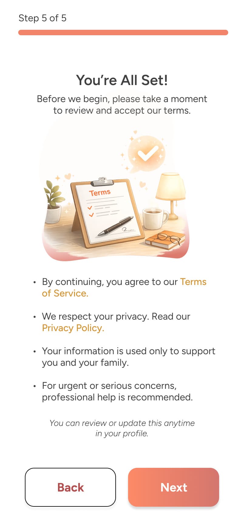 Onboarding complete: you're all set, with terms and privacy
