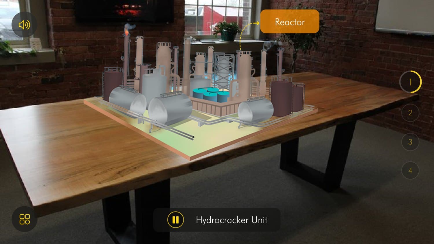 AR view of Shell's Hydrocracker Unit placed on a table, with a Reactor label and on-screen controls