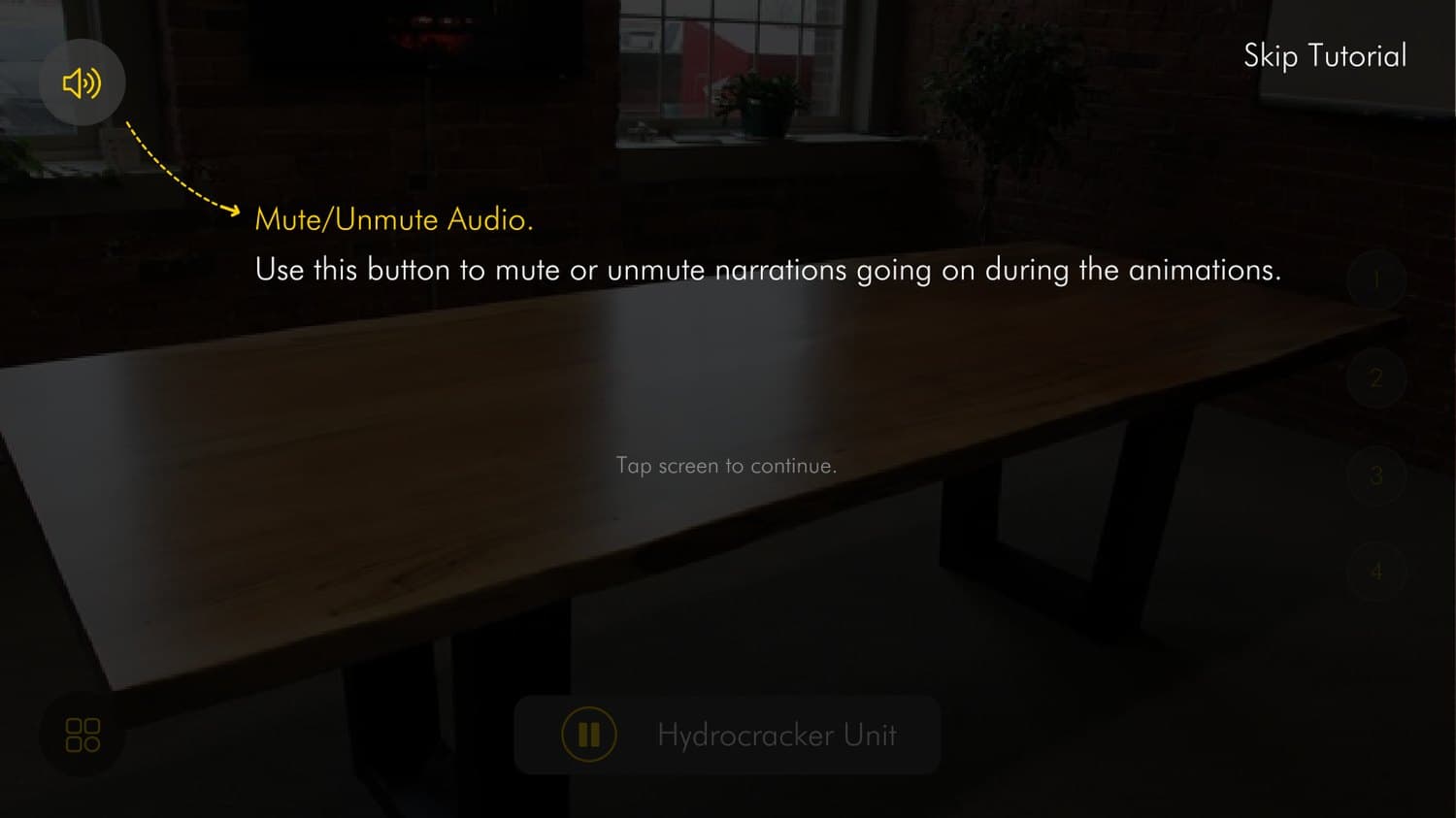 AR tutorial overlay explaining the mute/unmute audio and open-menu controls