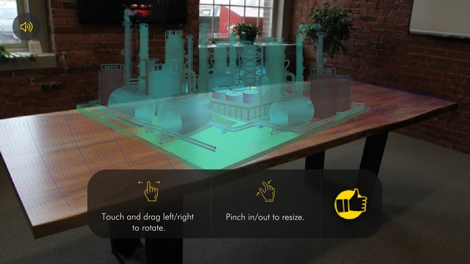 AR placement flow showing surface detection with rotate and resize gesture instructions
