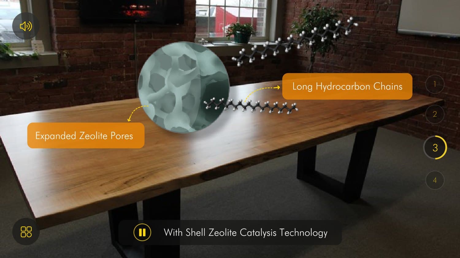 AR scene of Zeolite with Shell Zeolite Catalysis Technology, showing expanded pores and long hydrocarbon chains