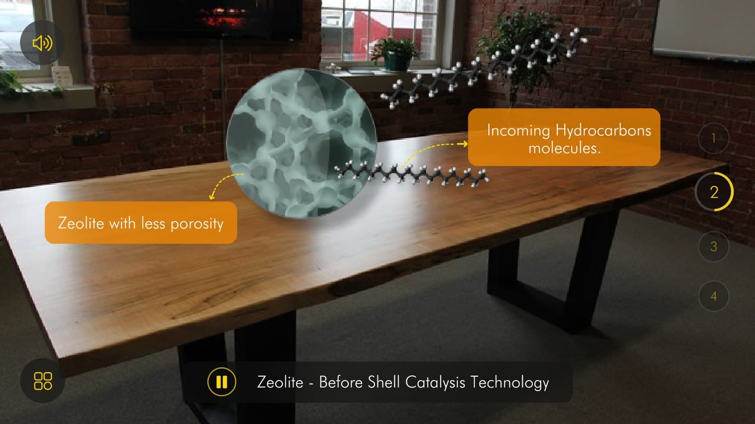 AR scene of Zeolite before Shell Catalysis Technology, with less porosity and incoming hydrocarbon molecules
