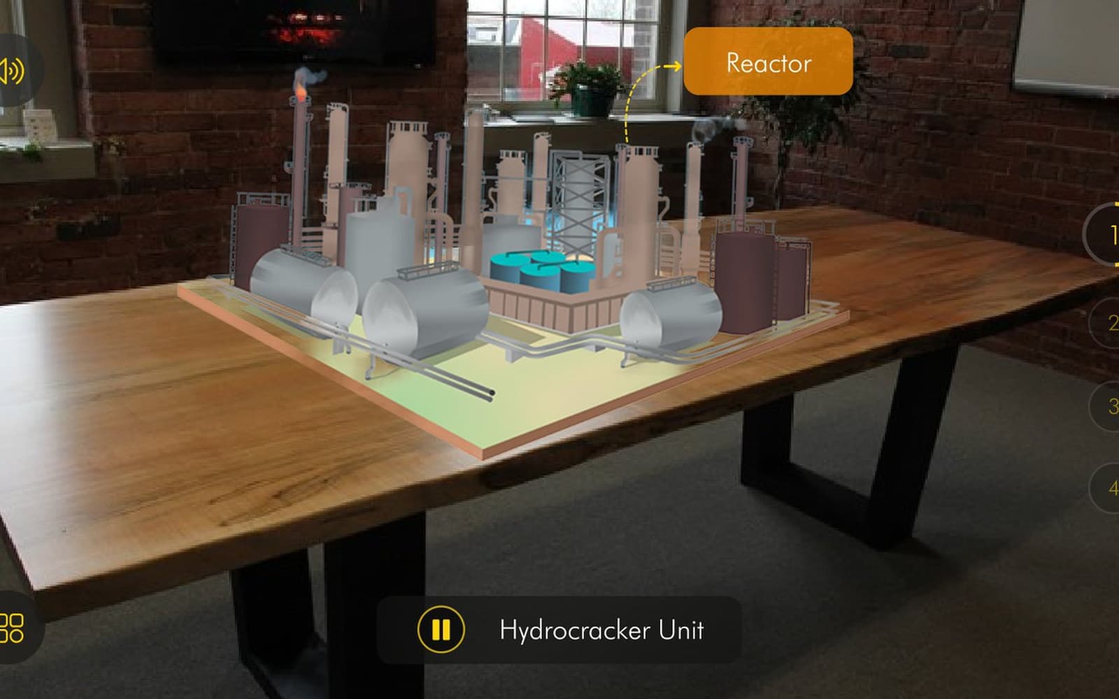 The Hydrocracker unit rendered in AR on a meeting-room table, with the Reactor component labelled.