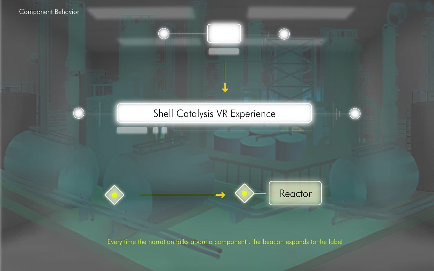 VR component labelling where a beacon expands into a Reactor label as narration explains the part