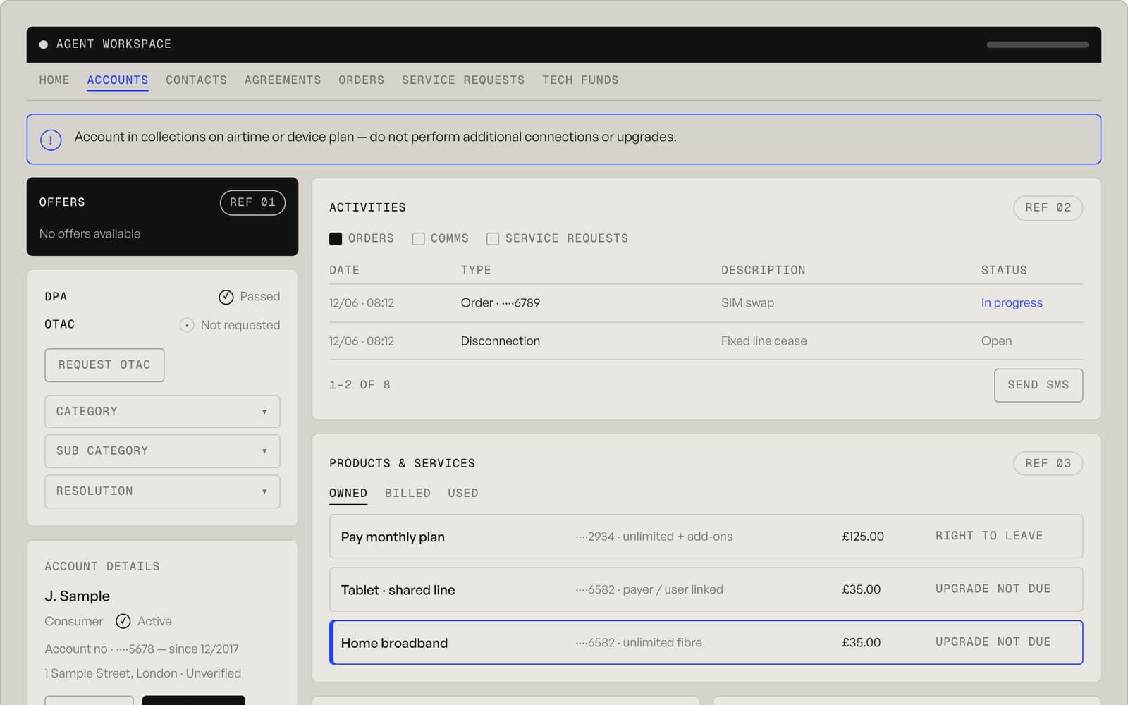 Abstract recreation of the Halo agent account overview: collections alert, security checks, activities and products.