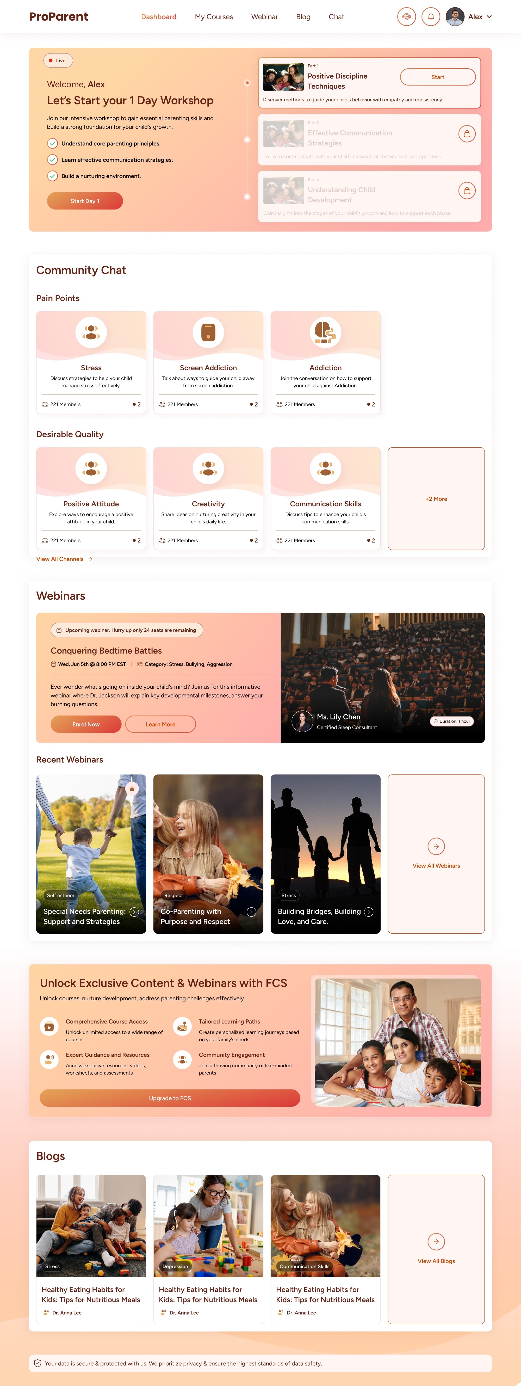 The first ProParent web app dashboard: a workshop with Part 1 open and Parts 2 and 3 padlocked, community chat channels, webinars, and an 'Unlock Exclusive Content' upgrade panel.