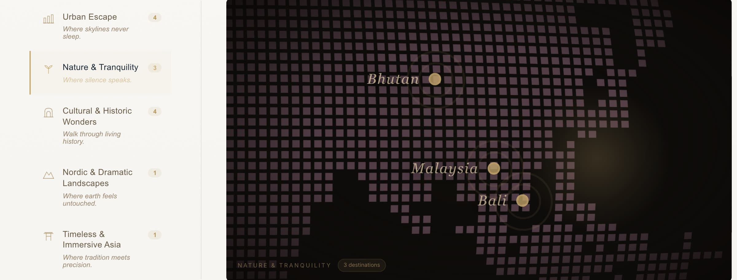 The mood atlas with Nature & Tranquility selected, zoomed to Asia with Bhutan, Malaysia and Bali pinned.