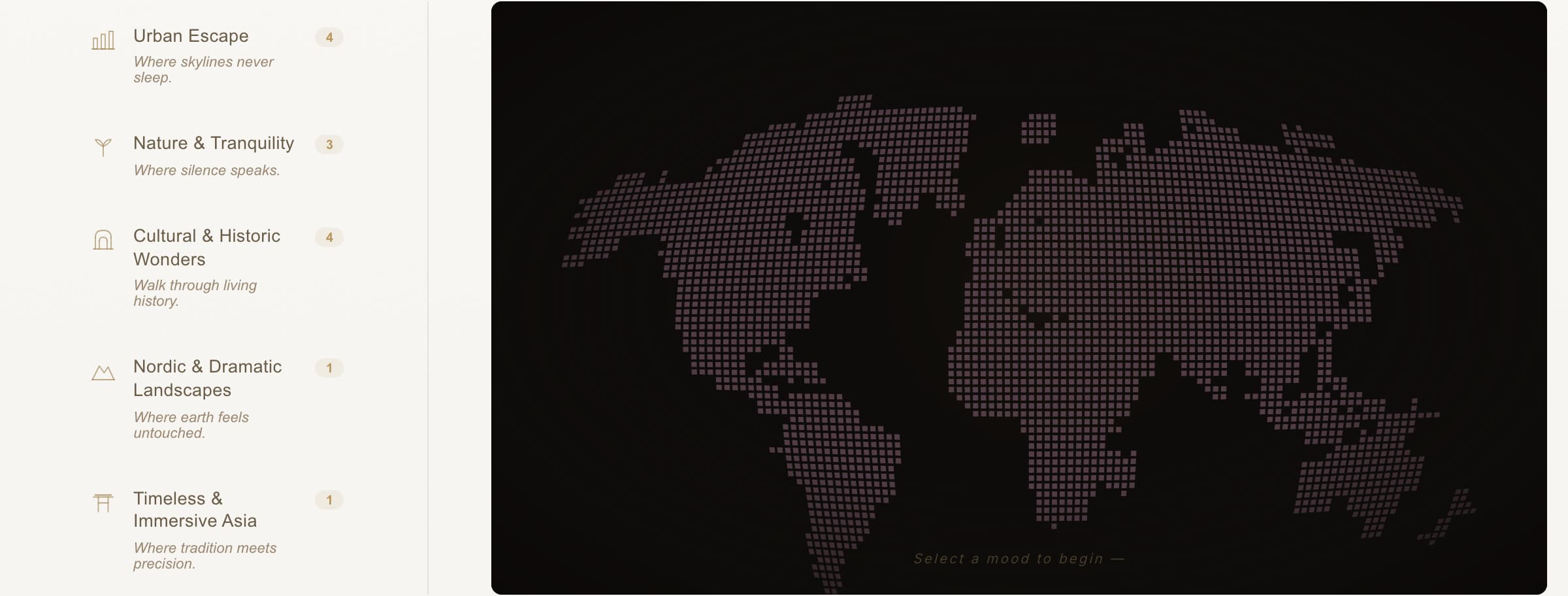 The mood atlas in its resting state, showing the whole world and the prompt 'Select a mood to begin'.