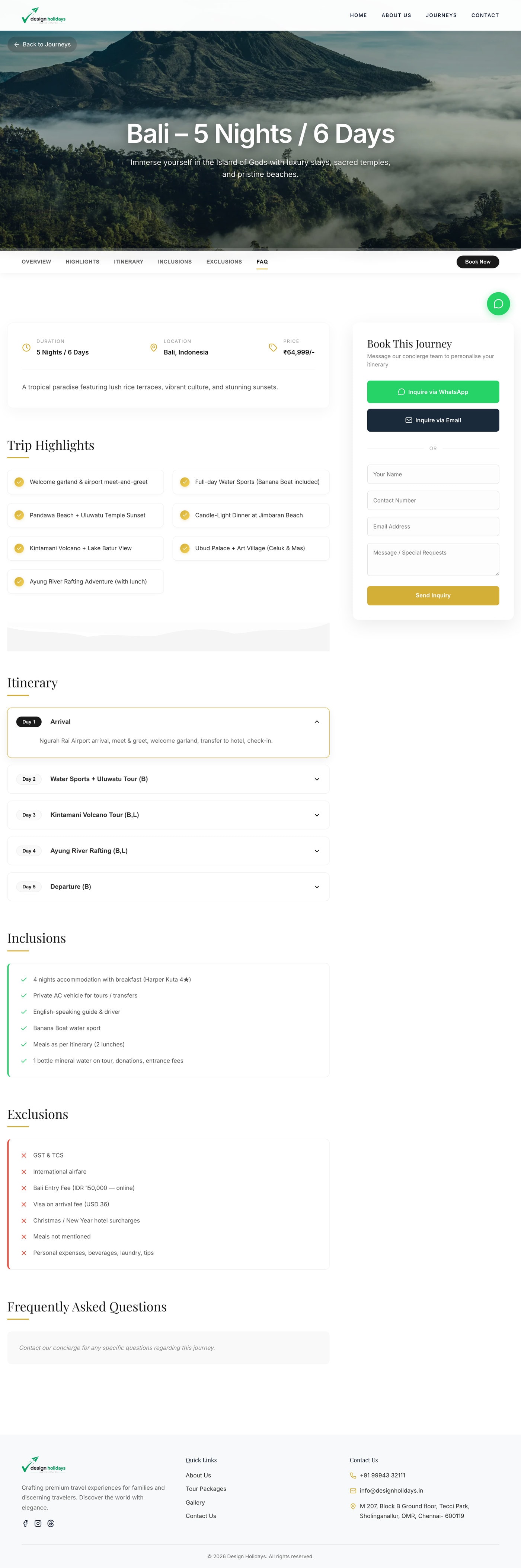 A full journey page, hero, sticky section navigation, fact strip, highlights, day-by-day itinerary accordion, inclusions, exclusions, and the sticky booking card.